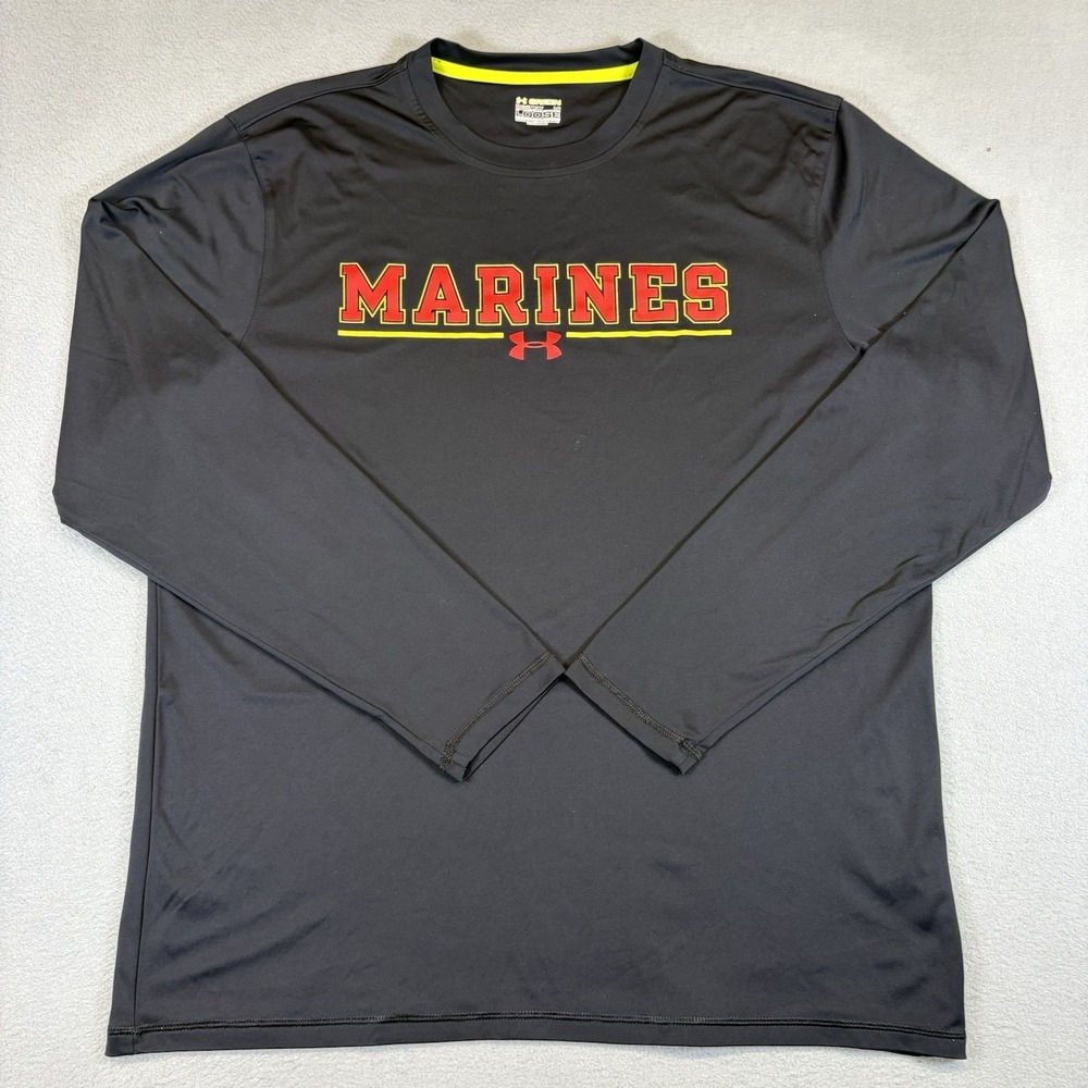 Under Armour Marines Shirt Mens Large Black HeatGear Long Sleeve USMC Loose